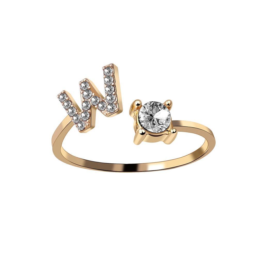 Golden Adjustable A-Z Personalized Initial Letter with Rhinestone Rings-xinru