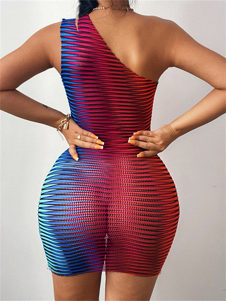 Women's Sexy Summer Contrasting Color Sleeveless One Shoulder Bodycon Dresses-xinru