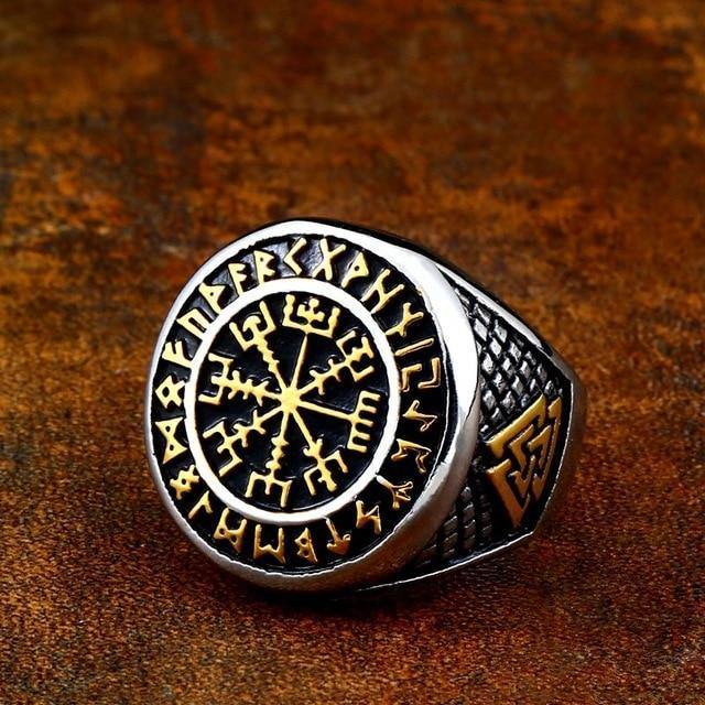 Mens Gold Viking Vegvisir Compass Signet Rune Ring Stainless Steel-xinru