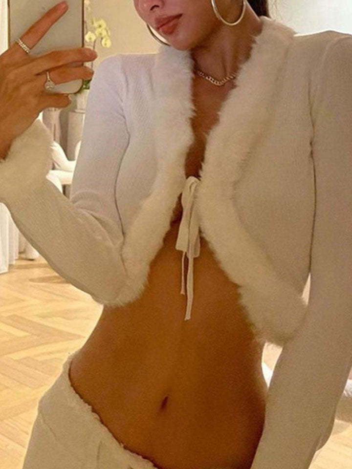 Women Sexy Ribbed Split Lace Up V Neck Feather Sleeve Shirt-xinru