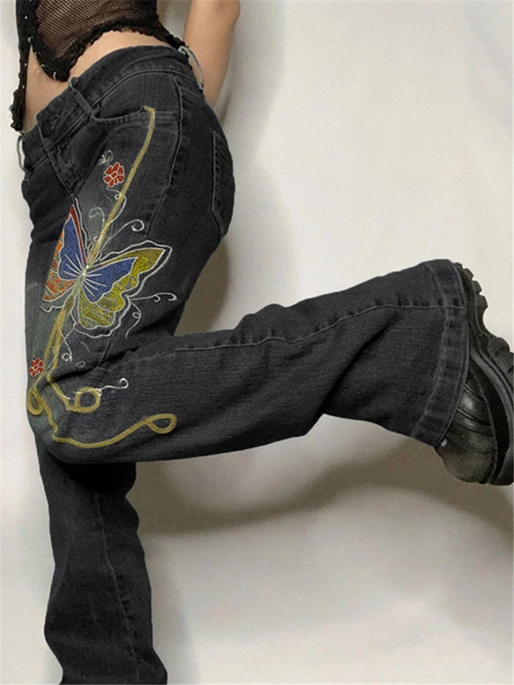 Women Low Waisted Retro Butterfly Print Denim Jeans-xinru