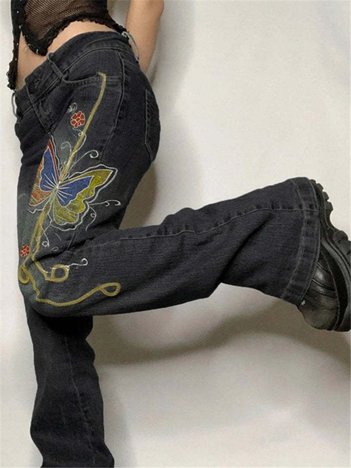 Women Low Waisted Retro Butterfly Print Denim Jeans-xinru