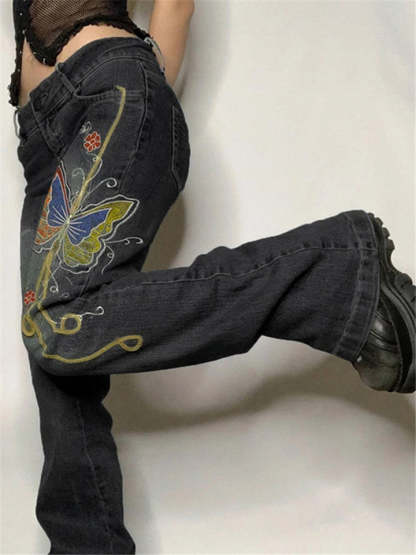 Women Low Waisted Retro Butterfly Print Denim Jeans-xinru