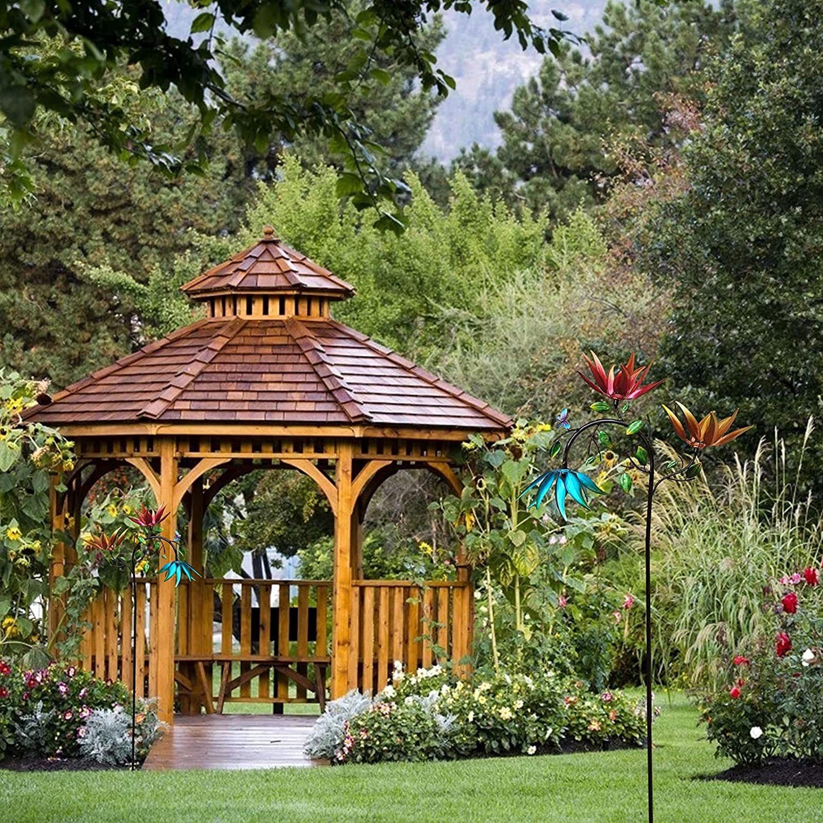 Large Metal Wind Spinner with Three Spinning Flowers And Butterflies-xinru