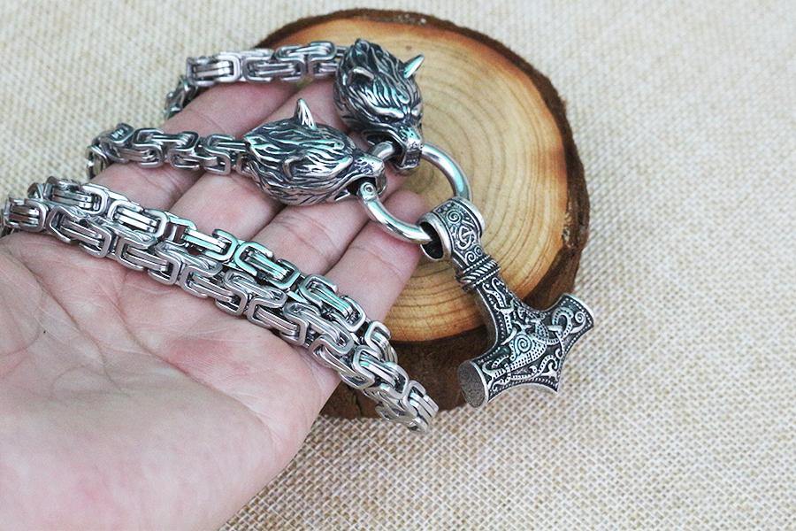 Stainless steel wolf head black king chain with black mjolnir-xinru