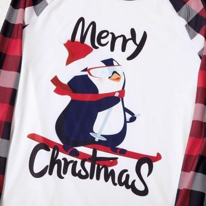 Plus Size Christmas Penguin on Sleigh and Letter Print Family Matching Raglan Long-sleeve Plaid Pajamas Sets-xinru shop