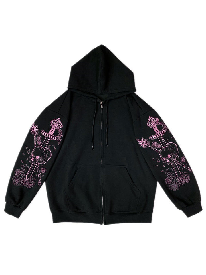 Women Loose Harajuku Gothic Zip Print Vintage Black Hoodie Streetwear-xinru