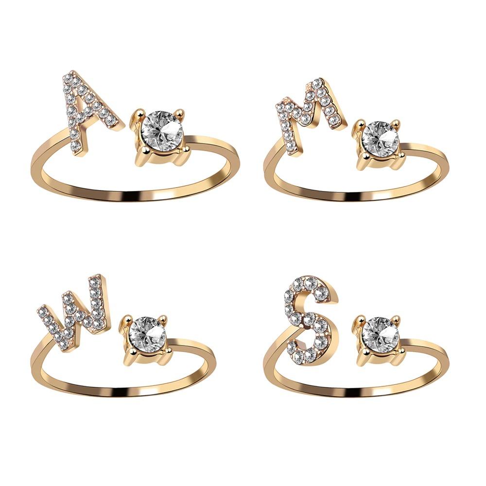 Golden Adjustable A-Z Personalized Initial Letter with Rhinestone Rings-xinru
