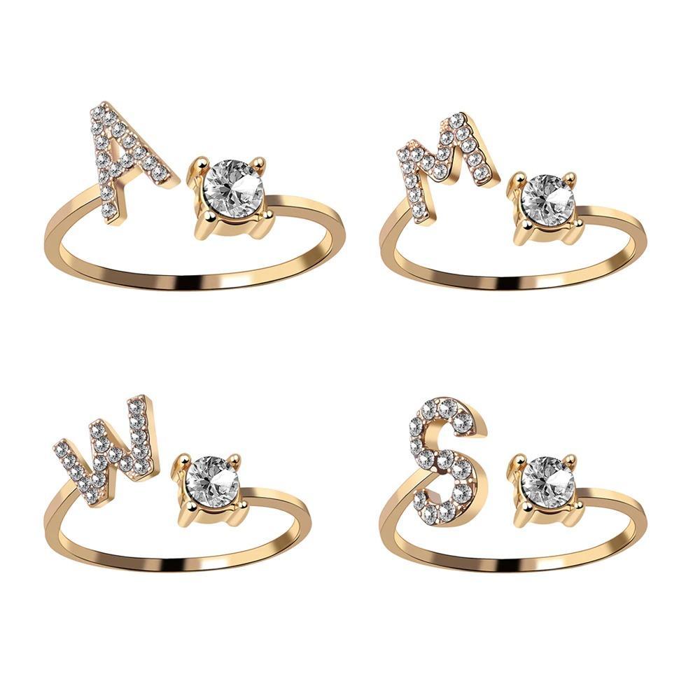 Golden Adjustable A-Z Personalized Initial Letter with Rhinestone Rings-xinru