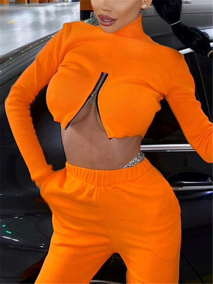 Women High Neck Sexy Zipper Solid Color Crop Tops-xinru