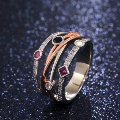 Colorful Multi-strand Cross Pattern Geometric Cubic Zirconia Rings-xinru