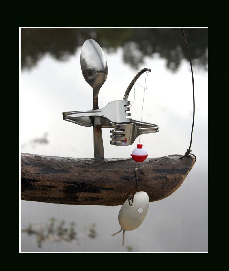 Fisherman And Spoon Fish Wind Chime Holiday Garden Art image 3