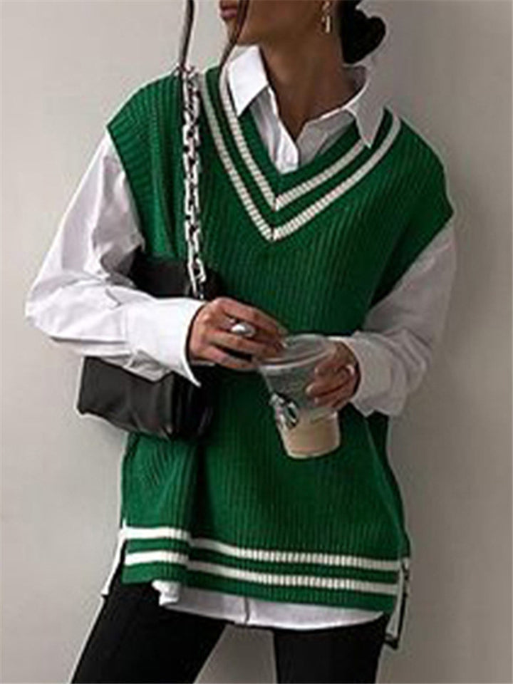 Green Knit Women's V-Neck College Tank Sweater Top-xinru
