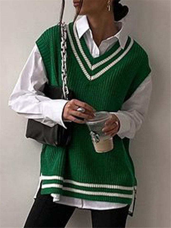 Green Knit Women's V-Neck College Tank Sweater Top-xinru