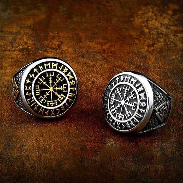 Mens Gold Viking Vegvisir Compass Signet Rune Ring Stainless Steel-xinru