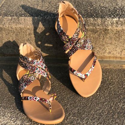 Women's Ethnic Floral Zipper Casual Flat Sandals 2022 Summer Clip Toe Retro Ladies Shoes-xinru