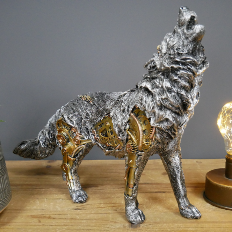 Steampunk Howling Wolf Robotic Alpha Wolf Statue On Sculpted-xinru