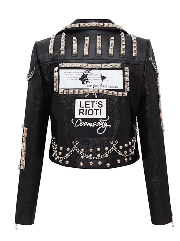 Women Locomotive Cool Punk Style Black Leather Jacket With Chains Rivets-xinru