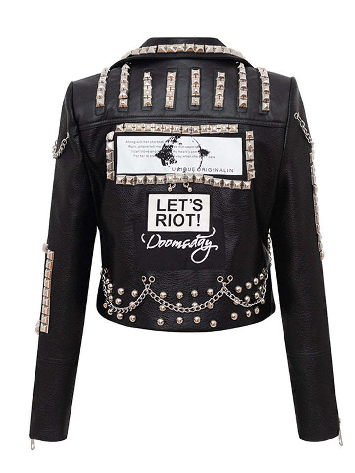 Women Locomotive Cool Punk Style Black Leather Jacket With Chains Rivets-xinru
