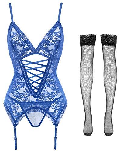 Anyou Womens Lingerie Stretchy Lace Teddy Plus Size Bodysuit Chemise Nightwear with Stockings Size S-XXXXL-xinru shop