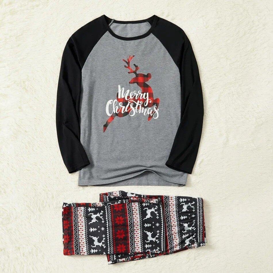 Plus Size Christmas Plaid Reindeer and Letter Print Grey Family Matching Raglan Long-sleeve Plus Size Pajamas Sets-xinru shop