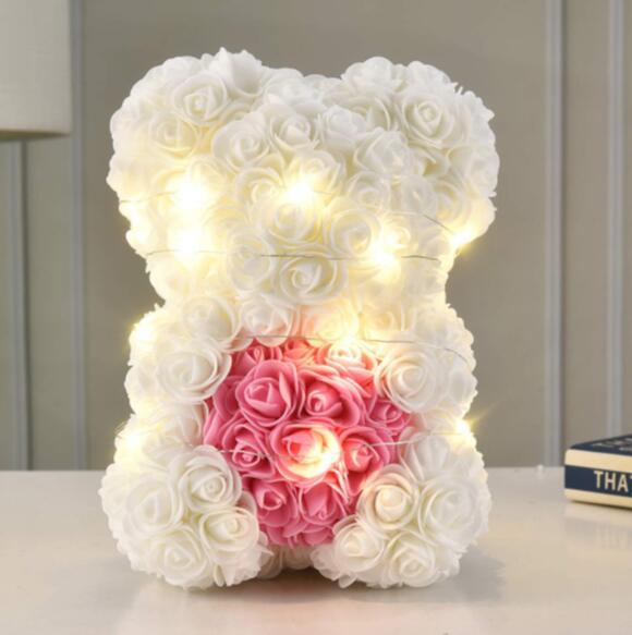 Mother's Day Gift Artificial Rose Teddy Bear Flower Bear With Box String Lights-xinru