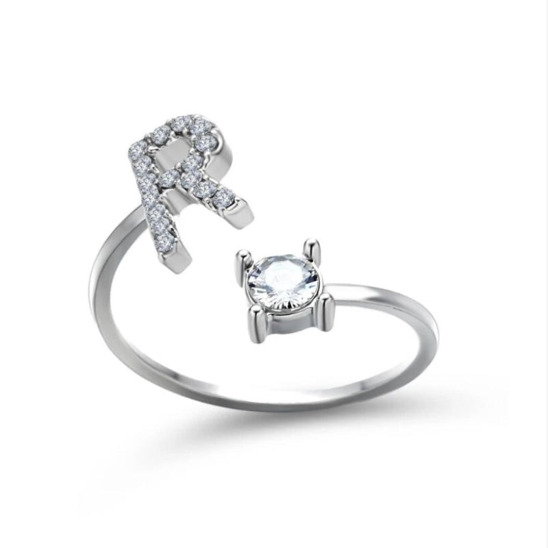 Golden Adjustable A-Z Personalized Initial Letter with Rhinestone Rings-xinru