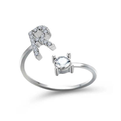 Golden Adjustable A-Z Personalized Initial Letter with Rhinestone Rings-xinru