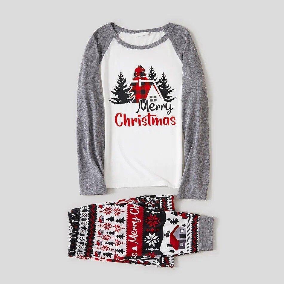 Christmas Tree House and Letter Print Grey Family Matching Raglan Long-sleeve Plus Size Pajamas Sets-xinru shop