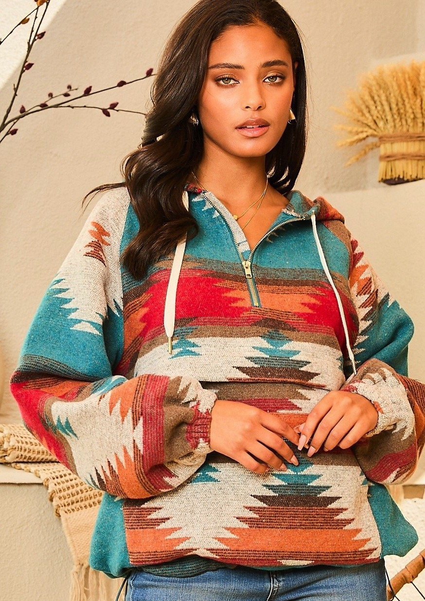 Kesicily Yellowstone Aztec Hoodie - Teal Multi-xinru shop