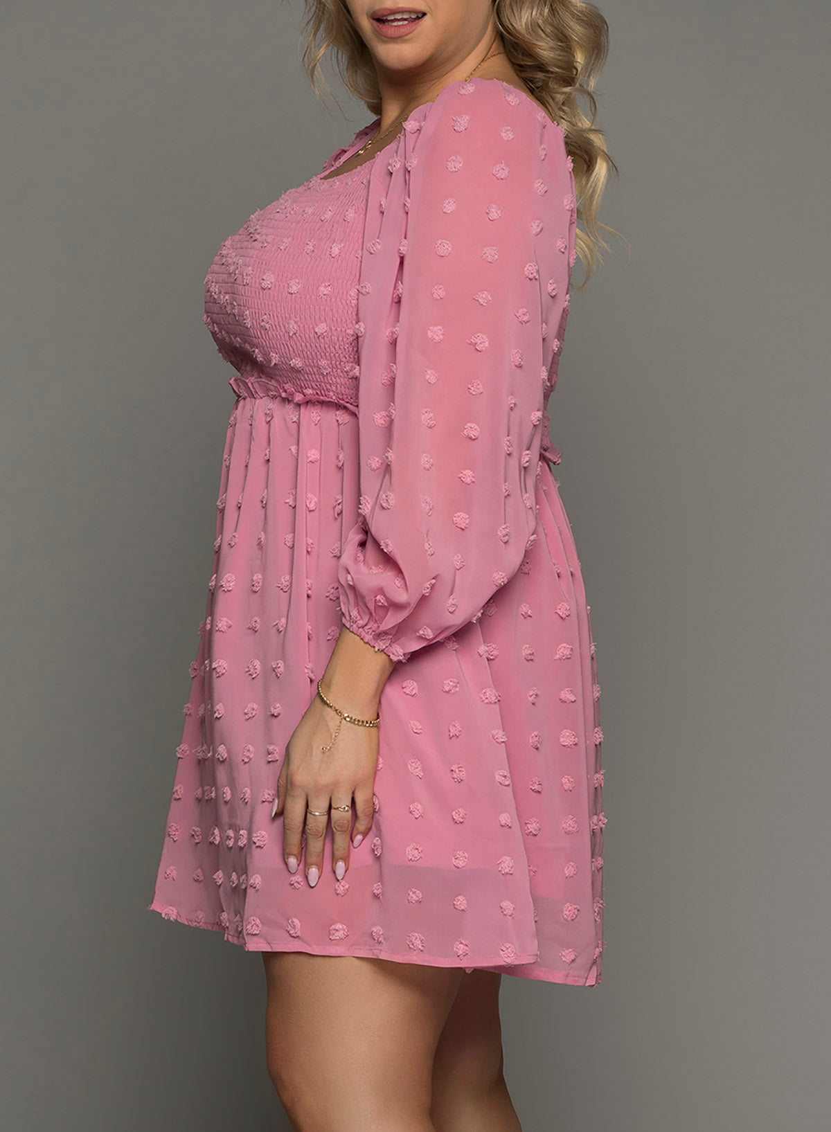 Pink Swiss Dot Smocked Puff Sleeve Plus Size Dress-xinru
