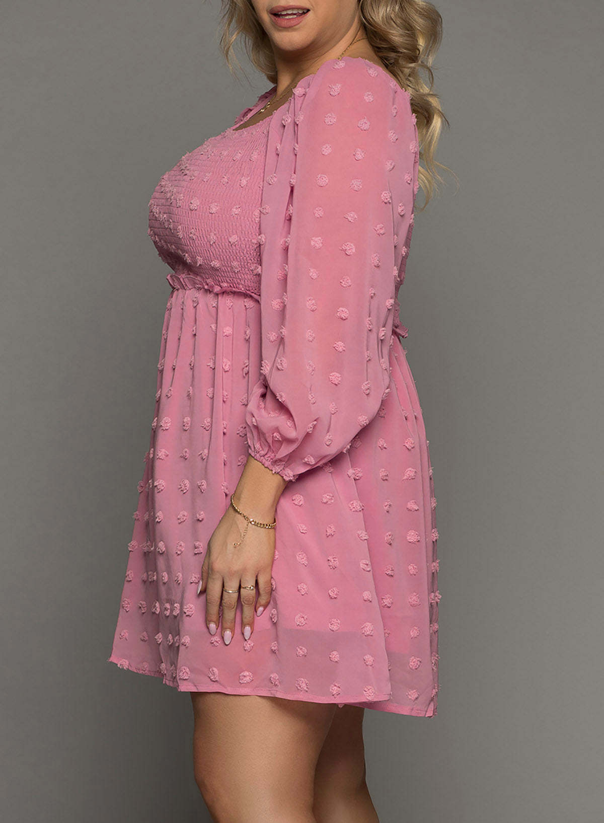 Pink Swiss Dot Smocked Puff Sleeve Plus Size Dress-xinru