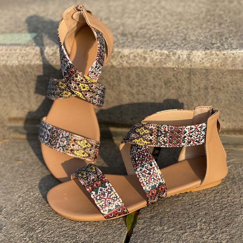 Women's Ethnic Floral Zipper Casual Flat Sandals 2022 Summer Clip Toe Retro Ladies Shoes-xinru