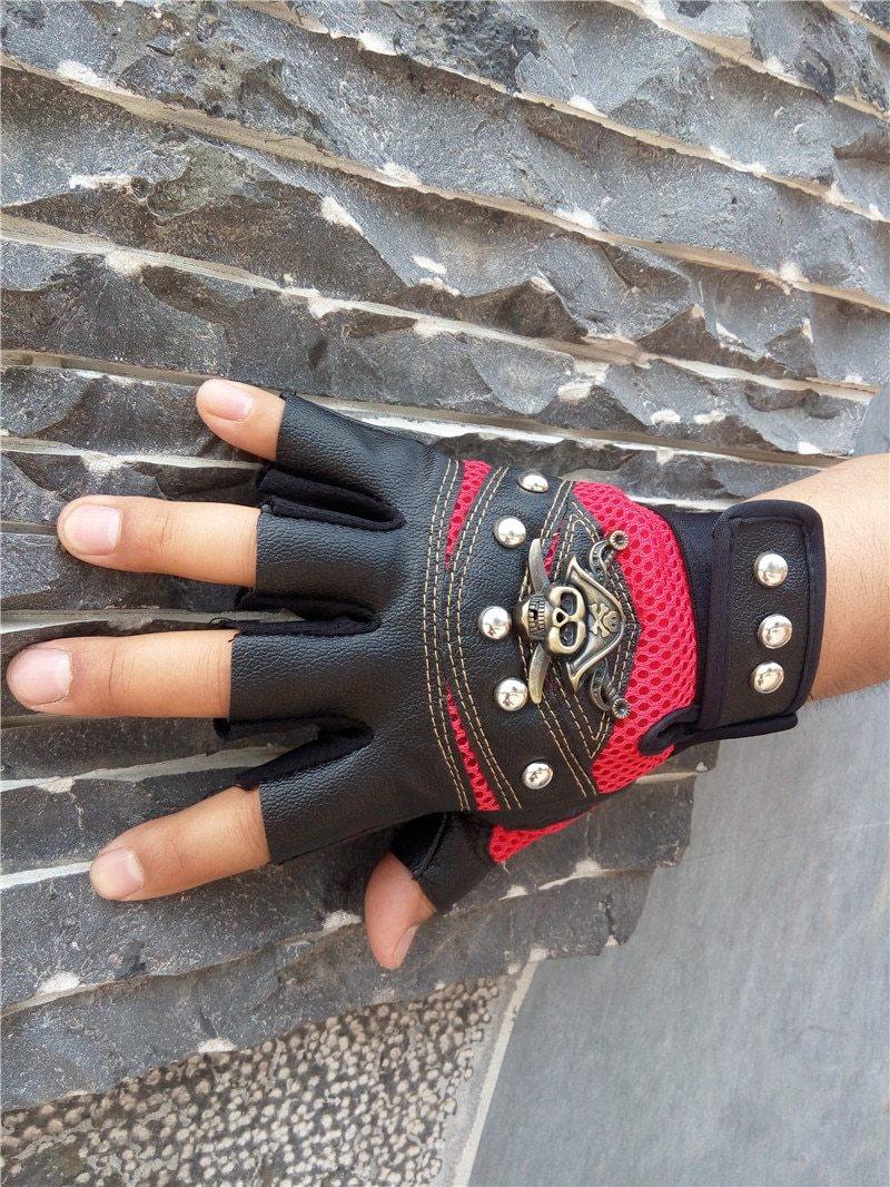 Teampunk Pirate Gloves PU Leather Gothic  Unisex Skull Rivet Gloves-xinru
