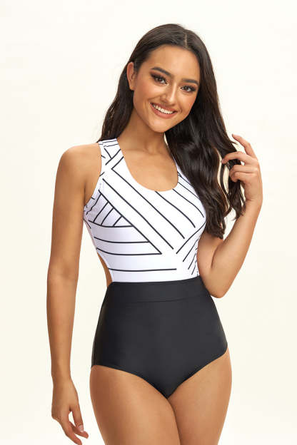 White Striped One-Piece Swimsuit-xinru shop