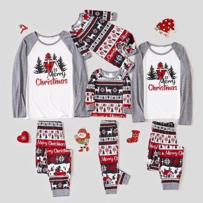 Christmas Tree House and Letter Print Grey Family Matching Raglan Long-sleeve Plus Size Pajamas Sets-xinru shop