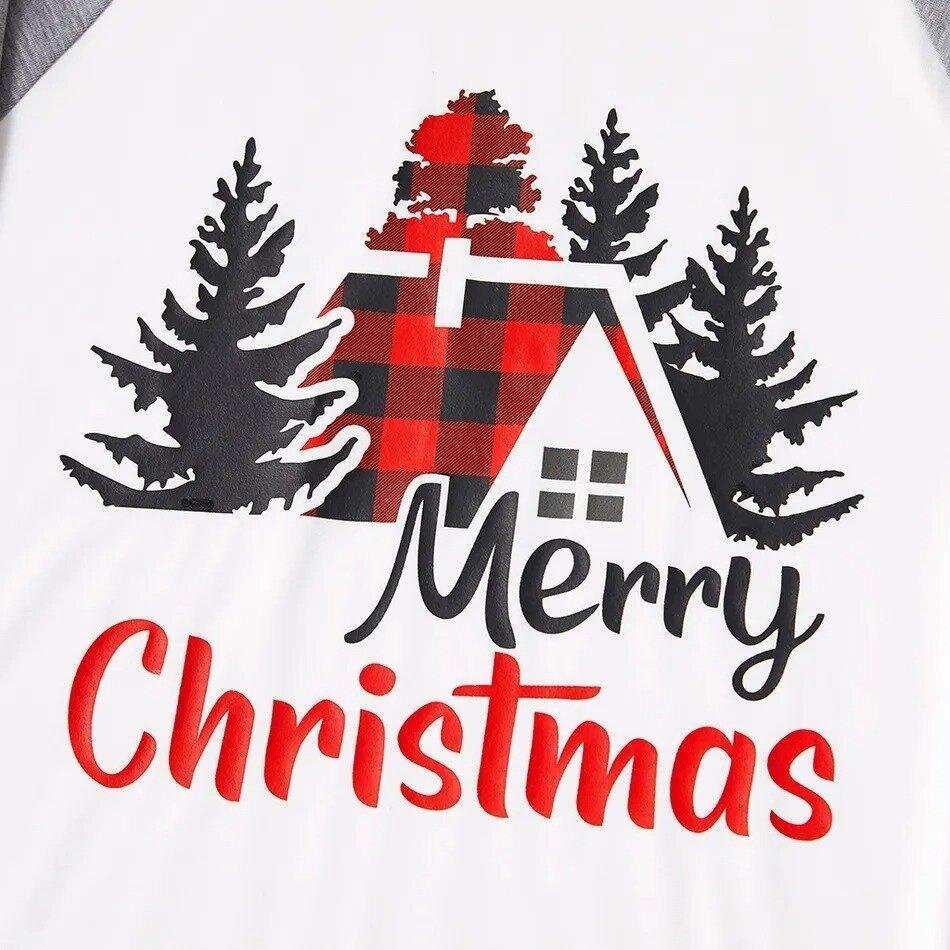 Christmas Tree House and Letter Print Grey Family Matching Raglan Long-sleeve Plus Size Pajamas Sets-xinru shop