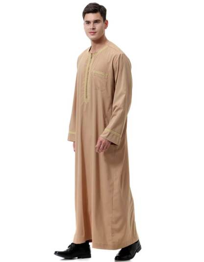 Men Round Neck Linen  Long Sleeve Muslim Islamic Clothing-xinru