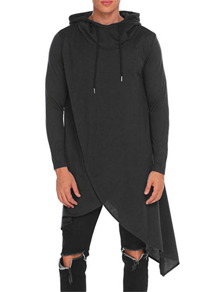Men Casual Trendy Irregular Hem Design Solid Color Long Hoodies-xinru