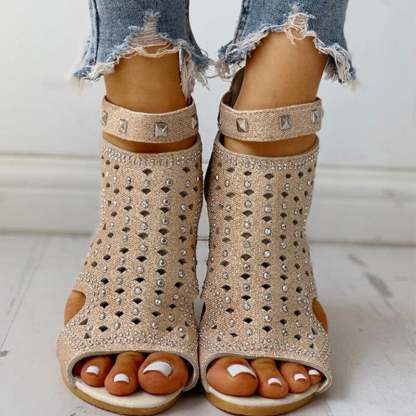 Women Sandals Ladies Wedges Sandals Crystal Fish Mouth Hollow Shoes-xinru