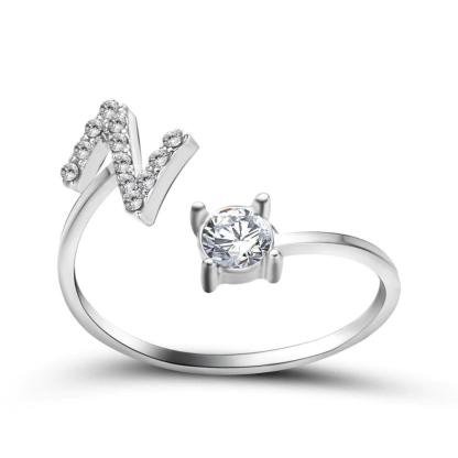 Adjustable A-Z Initial Letter With Rhinestone Personalized Ring-xinru