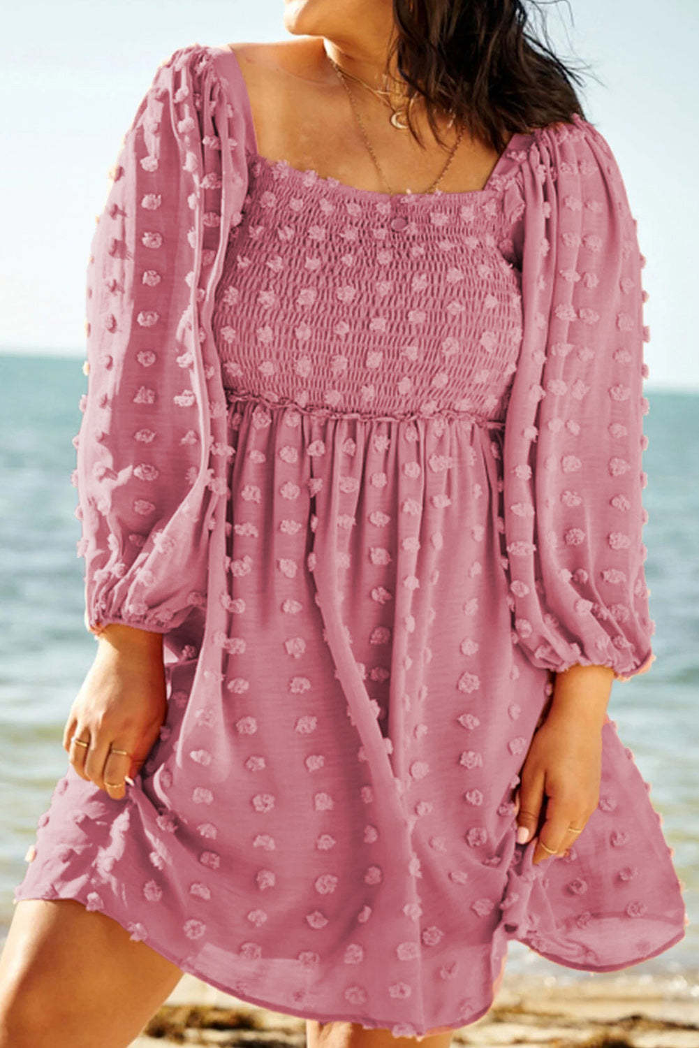 Pink Swiss Dot Smocked Puff Sleeve Plus Size Dress-xinru