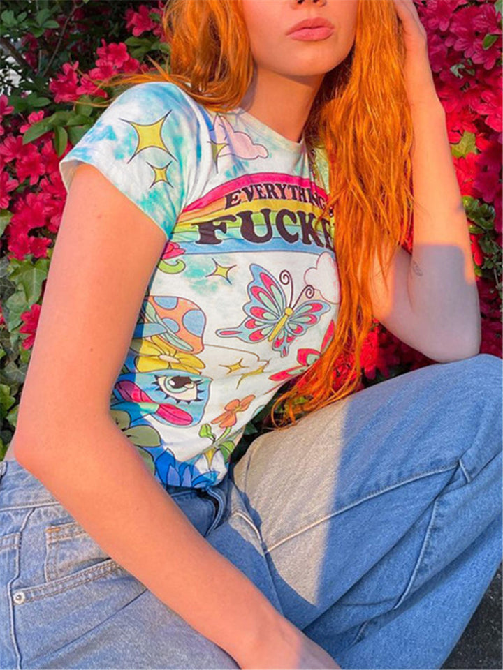 Women Stylish O Neck Rainbow Printed Crop Tops-xinru