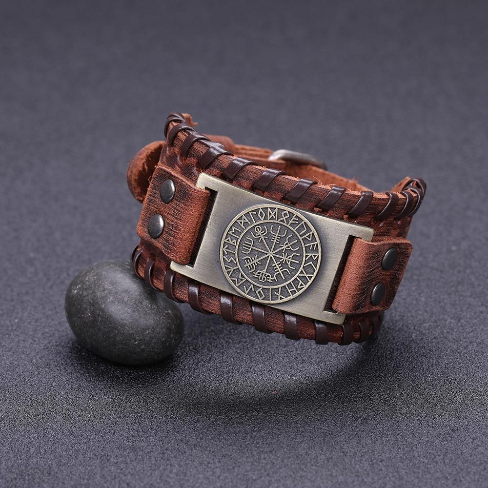 Viking Compass Leather Bracelet Vegvisir Wristband-xinru