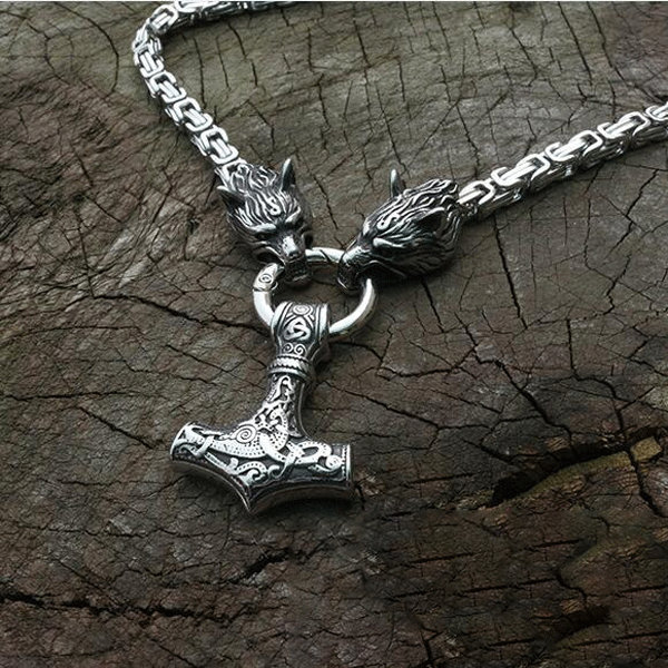 Stainless steel wolf head black king chain with black mjolnir-xinru