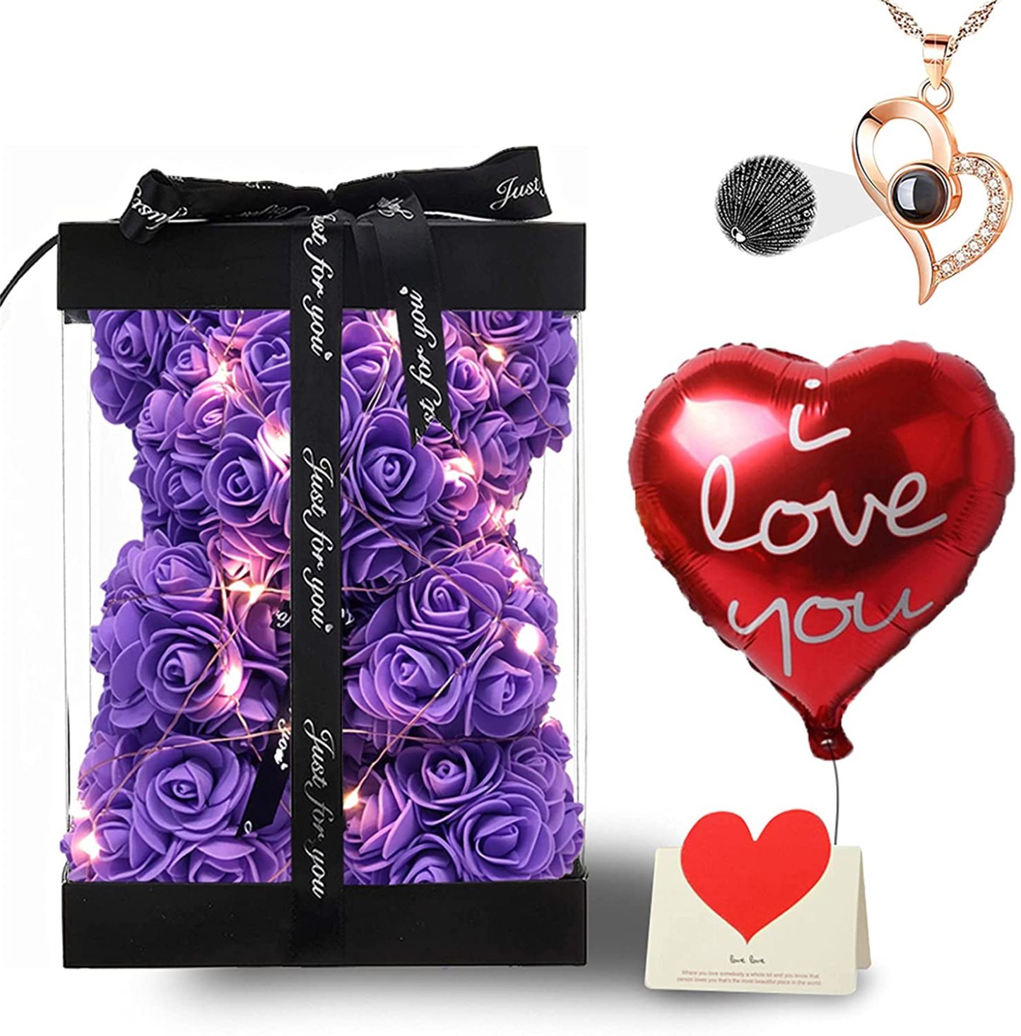 Mother's Day Gift Rose Bear With Light String Necklace Balloon Card Box-xinru