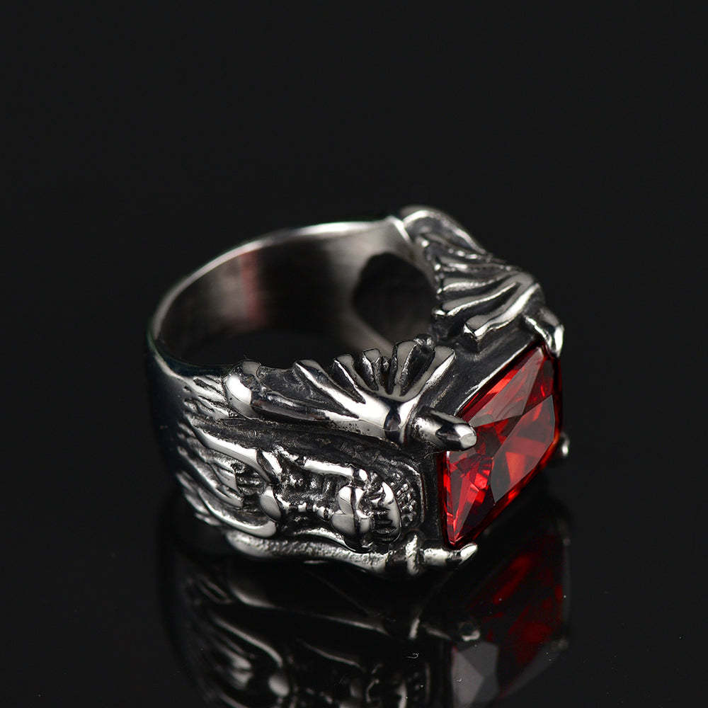 Gothic Stainless Steel Dragon Crystal Ruby Ring For Men-xinru