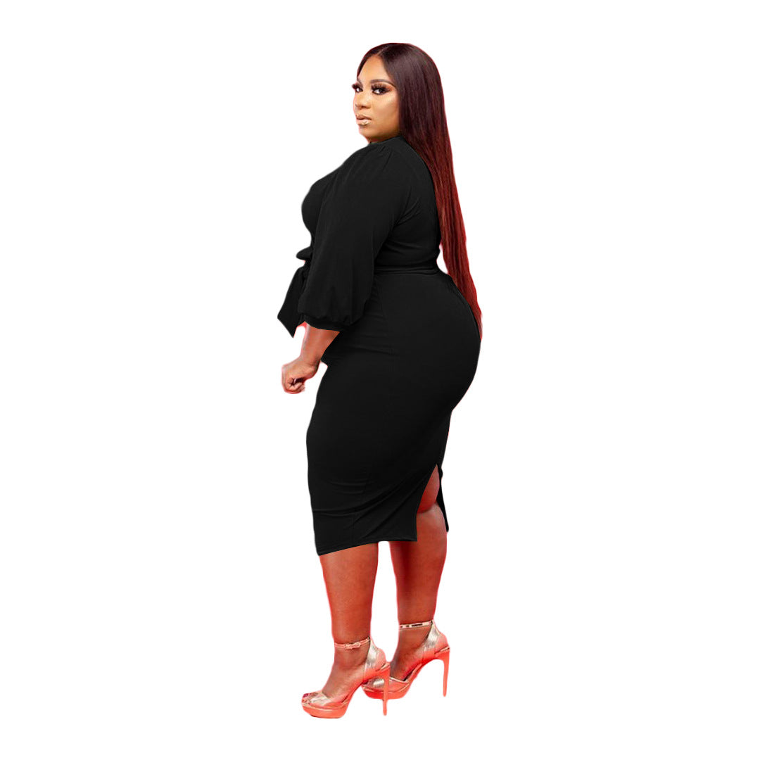 Plus Size Dress Women V Neck Bandage Solid Color Casual Puff Sleeve-xinru