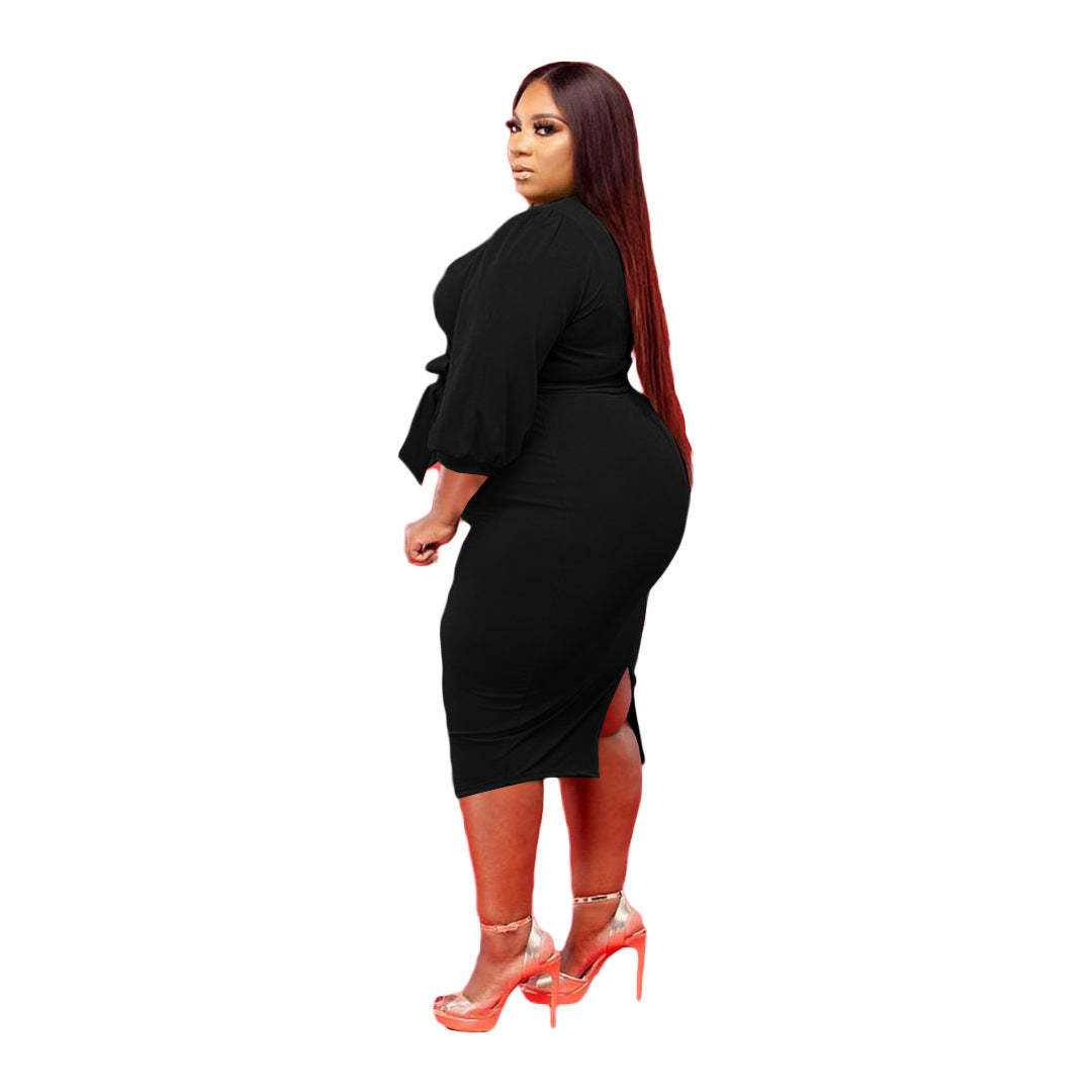 Plus Size Dress Women V Neck Bandage Solid Color Casual Puff Sleeve-xinru