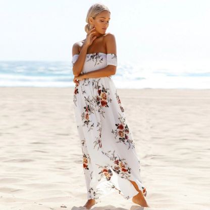 Off Shoulder Beach Floral Summer Dress-xinru